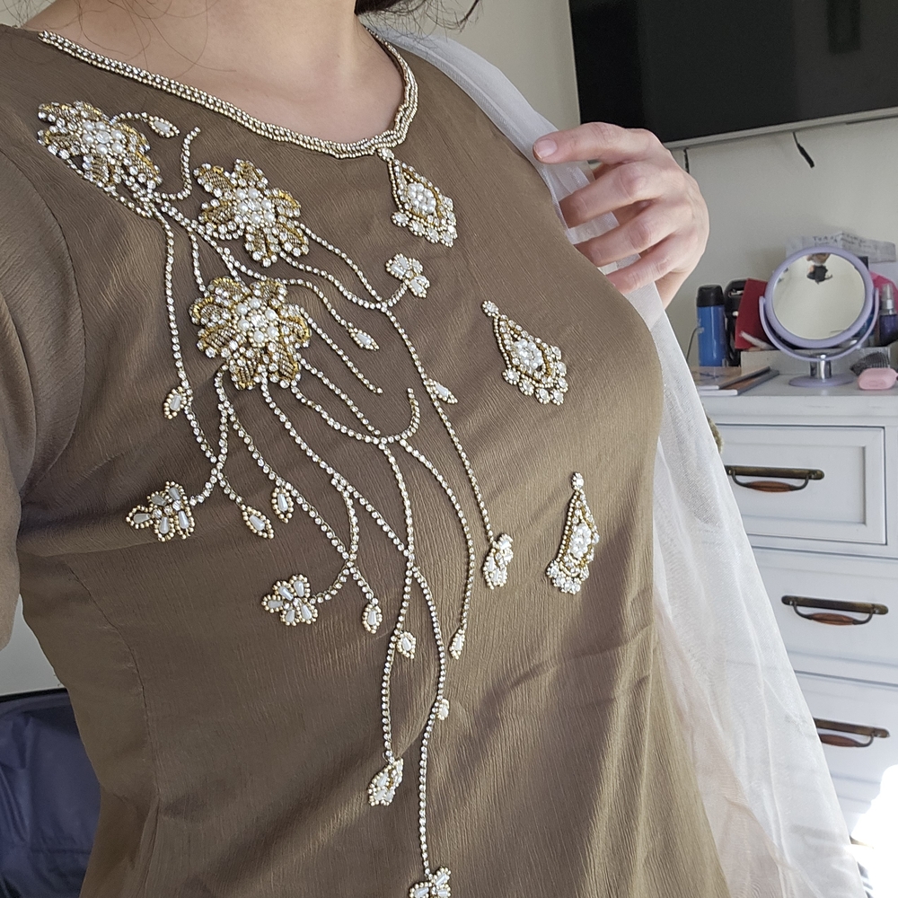 Embellished Brown Dress with White Accents